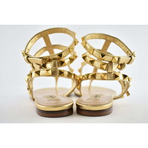 Valentino Rockstud KM5 Gold Leather Triple Ankle Strap Gladiator Flat Sandal 36 - Picture 9 of 10